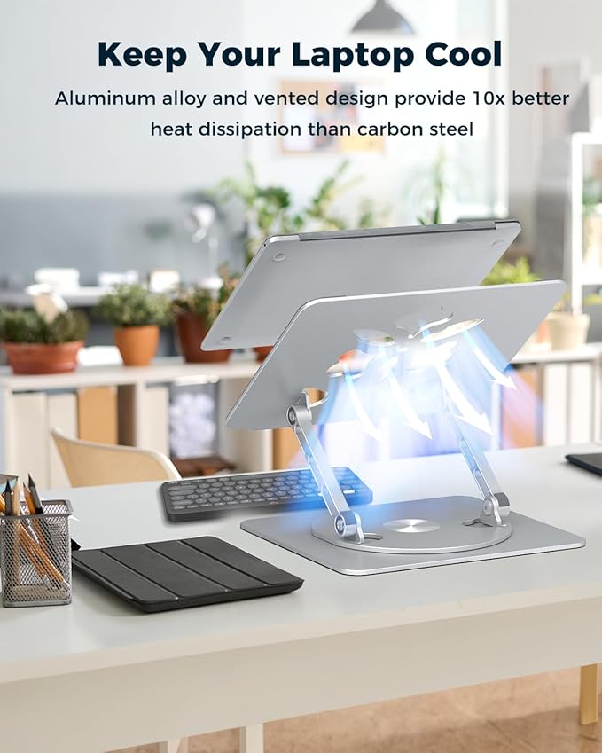 360° Rotating Laptop Stand for Desk | Adjustable, Foldable, Portable Aluminum Ergonomic Riser | Compatible with MacBook, Dell, HP & All Laptops 10-16 inch | Silver
