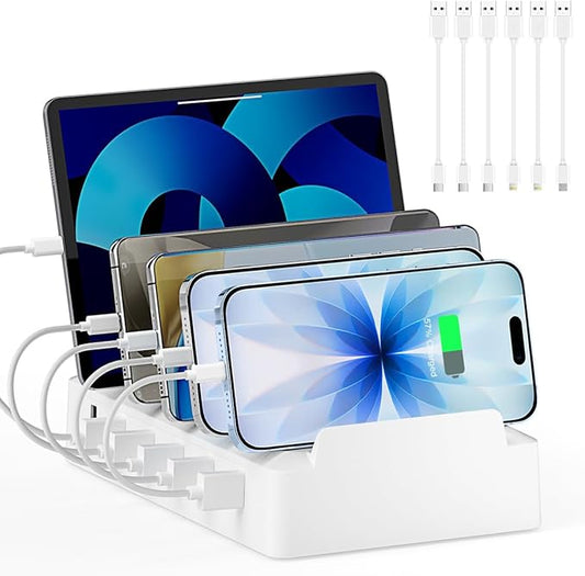 Charging Station for Multiple Devices, 6 Port USB Desktop Charger Dock Compatible with iPad, Samsung, Android, Tablet, Family Multi Phone Charging Organizer with Divider Holders, Fireproof ABS (White)