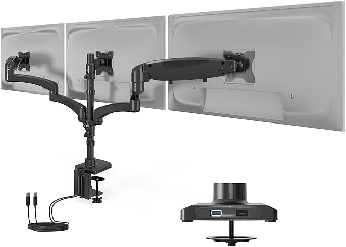 Mount-It! Triple Monitor Mount, 3 Monitor Desk Mount with Gas Spring Arms, Fits 13??2 Inch Screens up to 17.6 lbs per Arm, VESA 75 & 100, Clamp or Grommet Base, USB-A & C Ports, Black