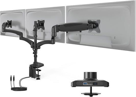 Mount-It! Triple Monitor Mount, 3 Monitor Desk Mount with Gas Spring Arms, Fits 13??2 Inch Screens up to 17.6 lbs per Arm, VESA 75 & 100, Clamp or Grommet Base, USB-A & C Ports, Black
