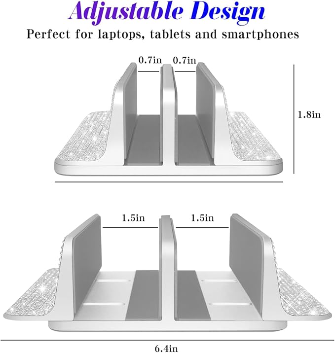 Bling Vertical Laptop Stand, Double Desktop Stand Holder with Adjustable Dock (Up to 17.3 inch),Compatible with All MacBook/Surface/Samsung/HP/Dell/Chrome Book (Silver Glitter Rhinestones)