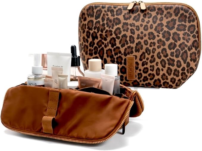 THE VERTI-Vertical Waterproof Makeup & Toiletry Bag | 23-Pocket Organizer with Upright, Fold-Down Design for Skincare, Toiletries & Essentials (Leopard, Medium)