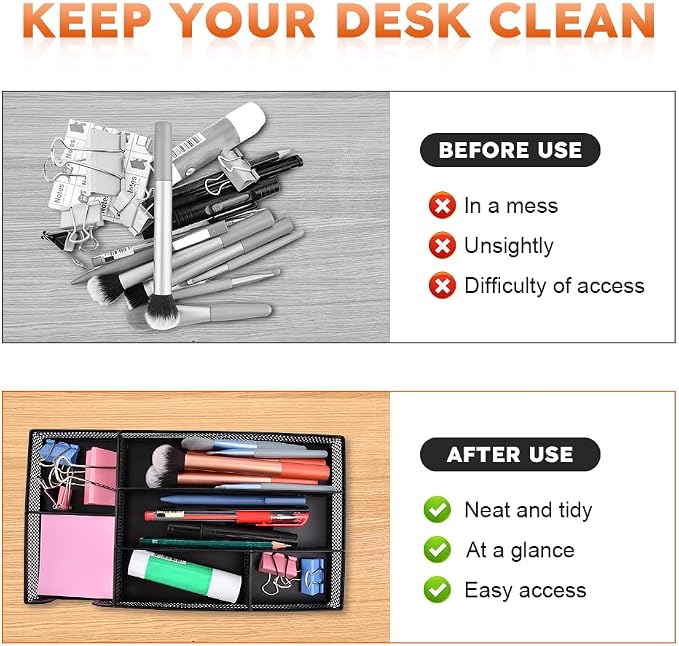 Desk Drawer Organizer Tray,11.02 x 6.1 x 1.46inch 6 Compartments Metal Mesh Dividers,Desk Organizers Storage Tray for Pens Organizer,for Desk Drawer Tray Box Accessories
