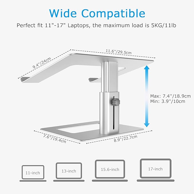 BoYata Laptop Stand, Ergonomic Aluminum Height Adjustable Computer Stand Laptop Riser Holder for Desk, Compatible with MacBook Pro/Air, Dell, Lenovo, HP, Samsung, More Laptops 11-17"