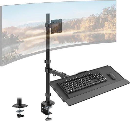 PUTORSEN 49''Monitor Arm with Keyboard Tray, Sit Stand Monitor Desk Mount, 44 lbs Monitor& 19.8 lbs Tray Capacity, C-Clamp & Grommet Mount,Standing Workstation Option