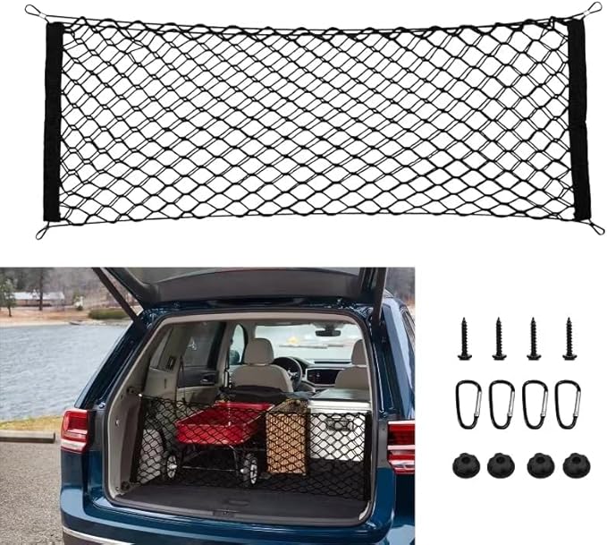 35.4” x 15.7” Cargo Net Trunk Bed Extender, Envelope Mesh Truck Bed Organizer Car Exterior Accessories, Universal Elastic Trunk Storage Net with Metal Hook