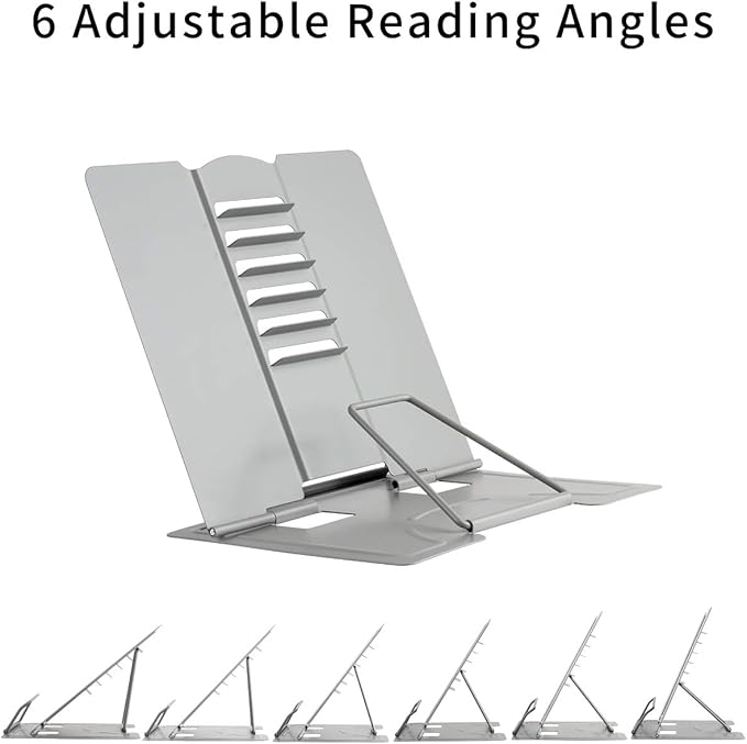 Blizzow Desk Book Stand Holder - Hands Free, Adjustable Metal Stand, Foldable Portable for Cookbook, Recipe, Tablet, Music, Documents (Grey)