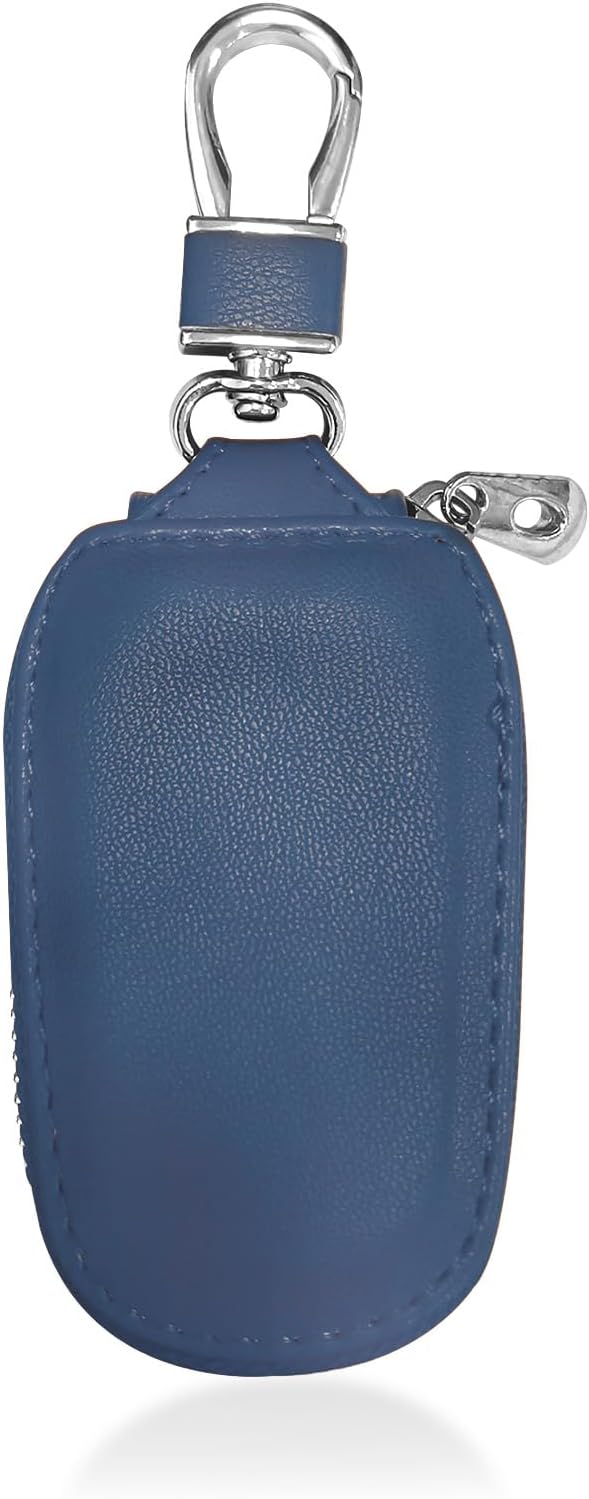 Car Key Case, Genuine Leather Auto Key Fob Protector, Universal Key Fob Cover Case with Metal Hook, Car Smart Keychain Holder for Remote Key Fob, Vehicle Keyring Zipper Bag (Blue)