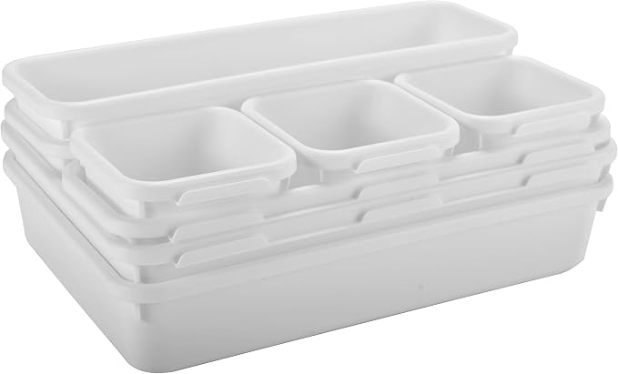 Masirs Interlocking Drawer Organizer Bins - Durable Plastic, Various Sizes for Custom Layout Design. Great for Desk Drawer, Tool Box or Garage Organization. (White | 8-Piece Set)