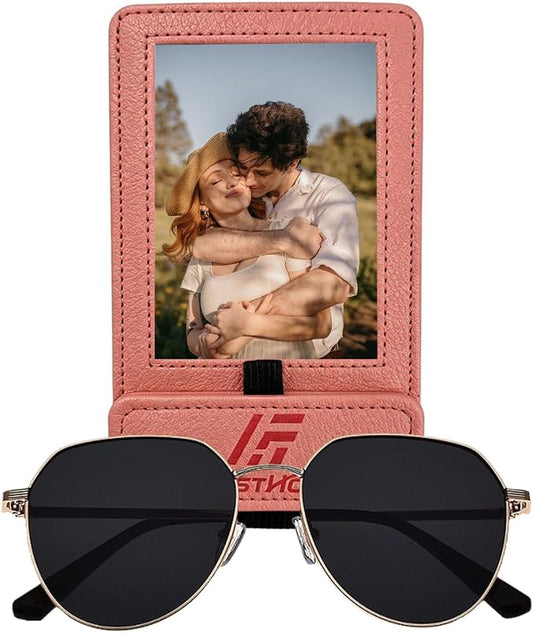 Magnetic 2-in-1 Sunglass & Photo Holder for Car Visor, Leather Anti-Slip No-Fall No-Slide, Fits SUV Truck RV