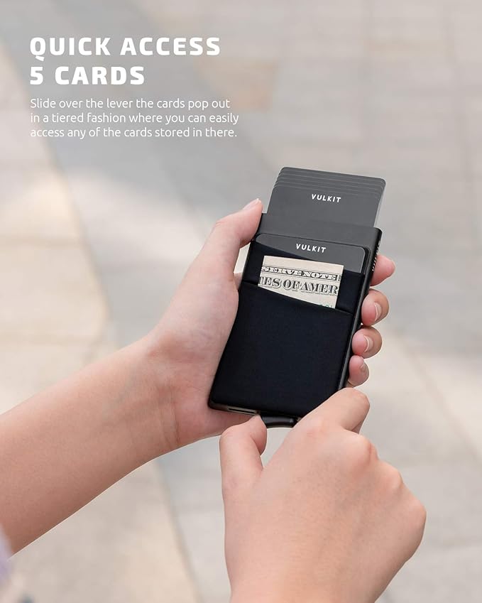 VULKIT Card Holder with Money Pocket Pop Up Wallet RFID Blocking Slim Metal Bank Card Case Holds 5 Cards and Notes