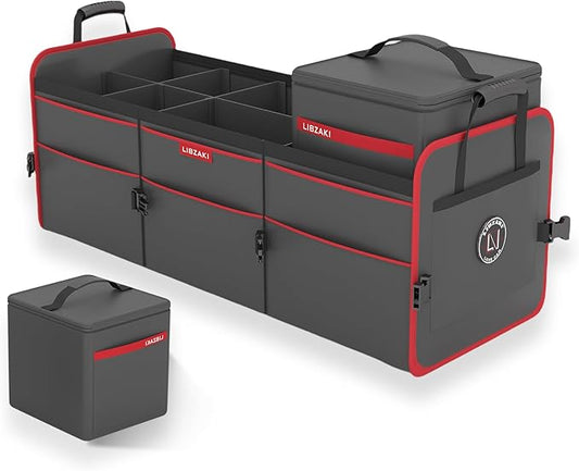 LIBZAKI Car Trunk Organizer,3 Compartments Big Trunk Storage, Large Capacity, Foldable, 95L Heavy Duty Storage Box for Car, SUV, Truck,Jeep, Includes 26L Cooler Bag-Black