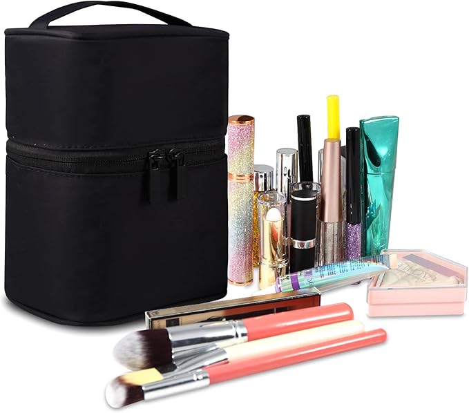 Makeup Bag Travel Cosmetic Bag 7.5x5.5x4.4 Inch Makeup Brush Holder Organizer Cute Portable Artist Toiletry Storage Bag Cosmetics Case for Women (Black)