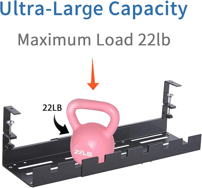 Expandable Under Desk Cable Management Tray, Max Load 22lbs, Clamp Mount, Super Sturdy Metal, No Drill, Cord Organizer for Home and Office, Black