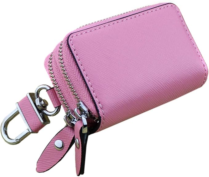 Car Key Fob Holder for Women, Genuine Leather Car Key Case Keychain Holder Metal Hook and Keyring Zipper, 2 Sides Pocket