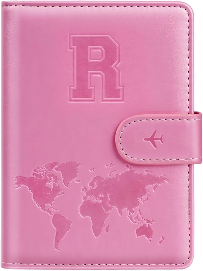 Passport Holder Cover Initail Letter A-Z Travel Wallet Embossed Design RFID Blocking Card Holder Personalized Gift Passport Cover Wallet, Passport Book Holders for Women and Girls, Pink-R