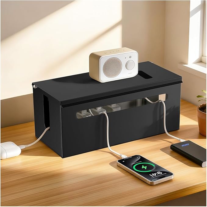Metal Cable Management Box - Large Cable Organizer Box and Power Strip Box for Electrical Cord Hiding, Home Office Desk and Floor Cables Hider, TV Wires Storage Organization
