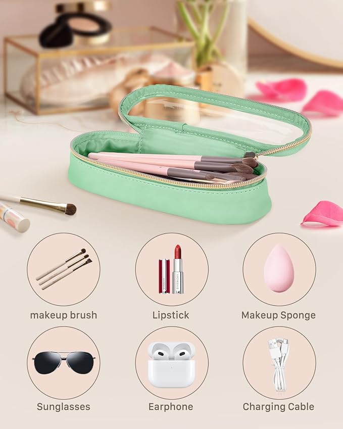 Soimeat Clear Travel Makeup Brush Holder, Leather Makeup Brush Toiletry Bag, Portable Cosmetic Brush Case, Transparent Waterproof Makeup Brush Storage Bag, Mint Green