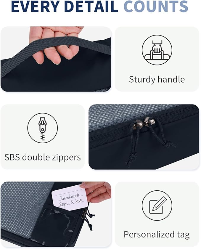 ECOHUB 6 Set Packing Cubes for Travel Durable Suitcase Organizer Bags Set with Personalized Tag Travel Essentials with Shoe Bag Traveling Accessories for Luggage Machine Washable, Navy Blue