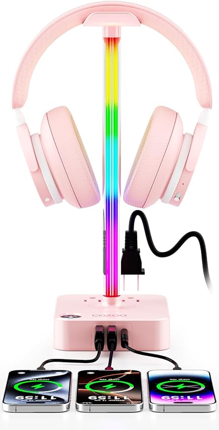 cozoo Gifts for Teen Girls Cute Pink RGB Headphone Stand & Charging Station, 3 USB 2 AC Outlets - Stylish Gaming Headset Holder, Desk & Game Room Decor, Christmas Gifts for Girlfriend, Women, Gamers