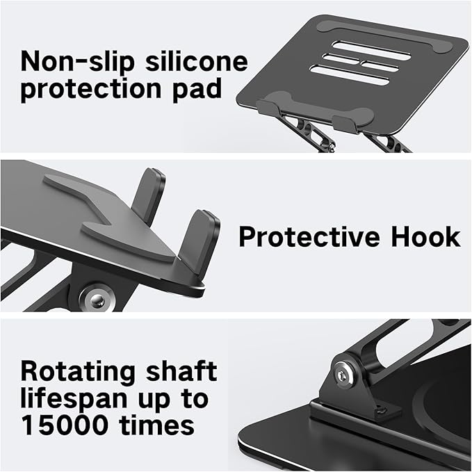 Adjustable Laptop Stand for Desk with 360 Rotating Base, Metal Foldable Laptop Riser Holder, Portable Desktop Book Stands, Ventilated Cooling Computer Notebook Stand Compatible with 10-15.6” Laptops
