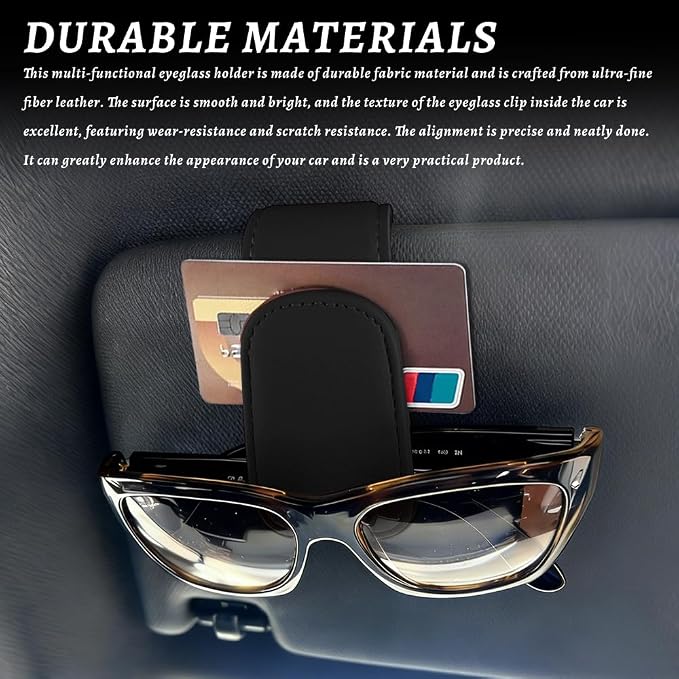 Sunglass Holder for Car, Car Sunglass Holder, Magnetic Leather Sunglasses Holder and Ticket Card Clip, Auto Multi-Functional Sun Visor Eyeglass Holders for SUV Pickup Truck (Black)