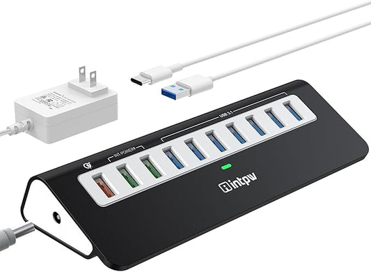 Powered USB Hub 10Gbps, 10 Port USB 3.2 Gen 2 Hub with 7 USB 3.2 Data Ports, 3 Fast Charging Ports, 36W Power Adapter, Type A and Type C Cable, Aluminum USB Data Hub for Mac, PC, Laptop