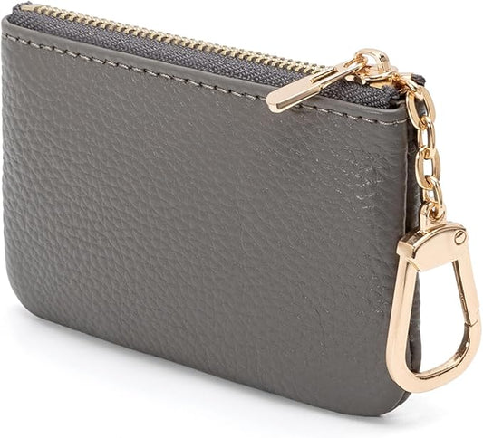 Full Grain Leather Coin Purse with Key Chain - Small Change Purse Keychain Card Holder Keychain Pouch Small Keychain Wallet for Women and Men (Gray)