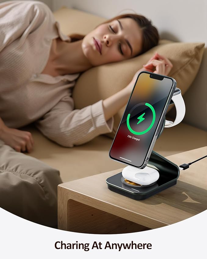 Wireless Cell Phone Charger Station 3 in 1, Magnetic Wireless Fast Phone Charger Dock Stand for iPhone 16/15/14/13/12/Apple Watch/AirPods Pro, 15W USB-C iPhone Wireless Charger, Black