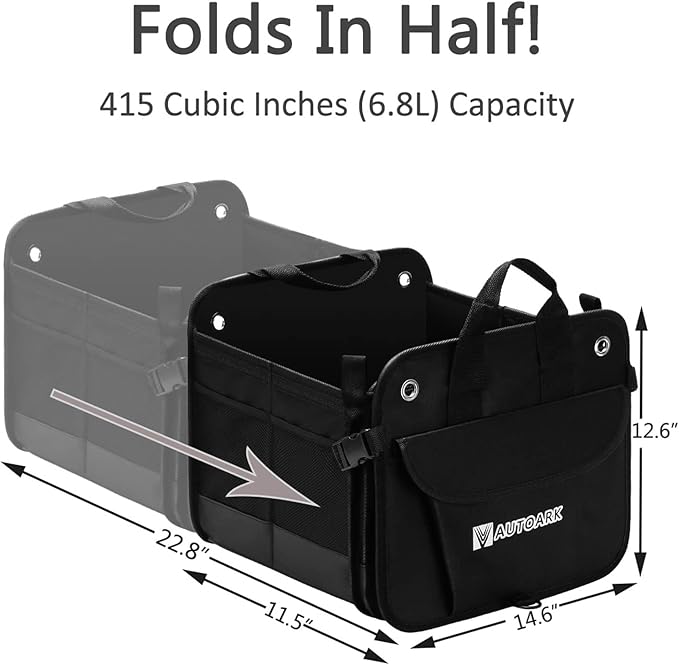 AUTOARK Multipurpose Car Trunk Organizer with Foldable Cover and Straps,Non-Slip Waterproof Bottom,Durable Collapsible Adjustable Compartments Cargo Storage,Black,AK-102