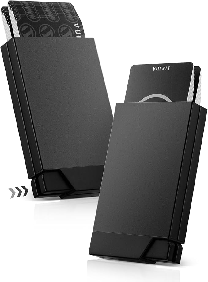 VULKIT Men's Double Sided Pop Up Credit Card Holder, Slim Twin Push Button Ejection Wallet Holder with RFID Blocking, Aluminium Alloy Frame Metal Card Case, Holds 12-16 Cards (Black)