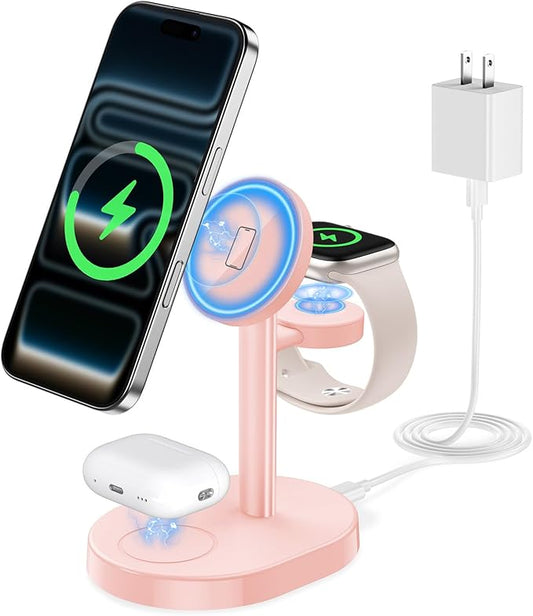 Hevanto 2026 3 in 1 Wireless Charging Station for Apple MagSafe Charger, 15W Fast Mag-Safe Charger Stand for iPhone 17 16 15 14 13 12 Apple Watch AirPods Compatible with MagSafe, Pink