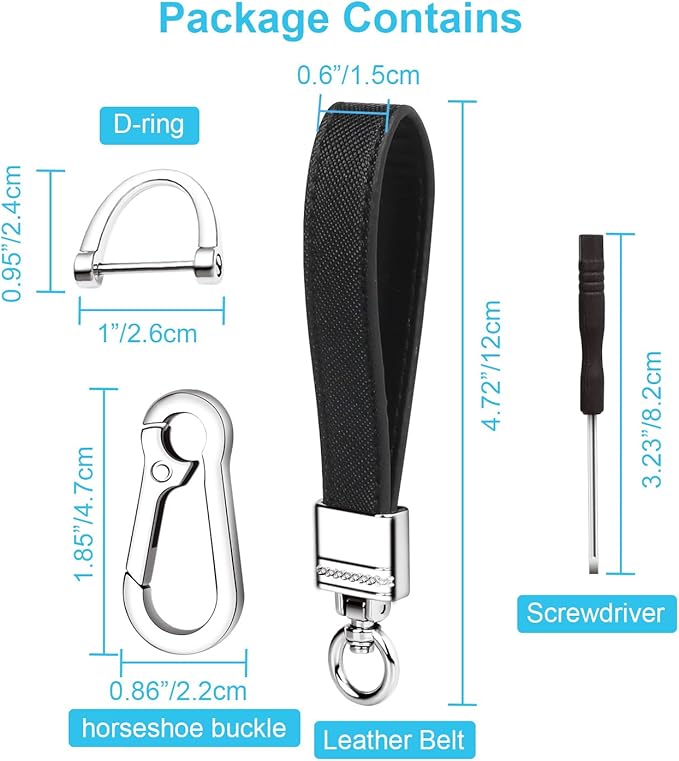 QBUC Genuine Leather Car Keychain,Universal Heavy Duty Metal Key Chain Accessories,Car Fob Key Keychain Holder with 360 Degree Rotatable Snap Swivel and Anti-Lost D-Ring for Men Women(Black)