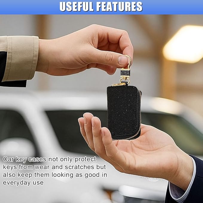 Bling Car Key Case, Leather Keyring Zipper Bag with Metal Hook, Remote Key Fob Cover, Auto Keychain Holder (Black)