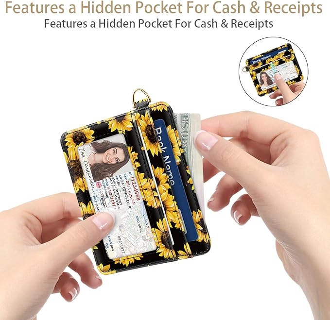 Slim Minimalist Pocket Credit Card Holder Wallet RFID Blocking Lightweight Thin Small Cute Card Cases,Sunflowers