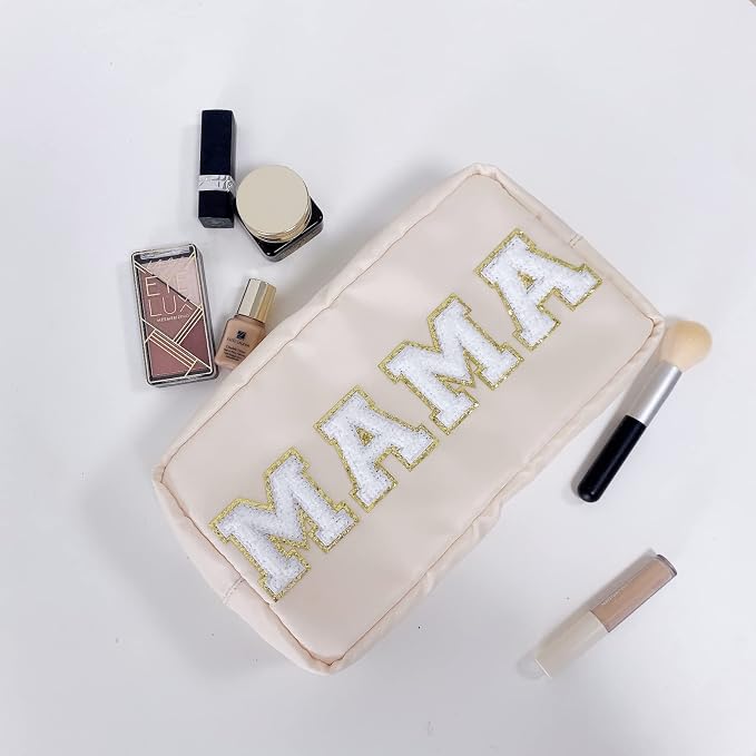Chenille Letter Bag Mama Gift Makeup Bag Nylon Cosmetic Bag with Varsity Patch Makeup Pouch Bag Gift Toiletry Bag For Travel