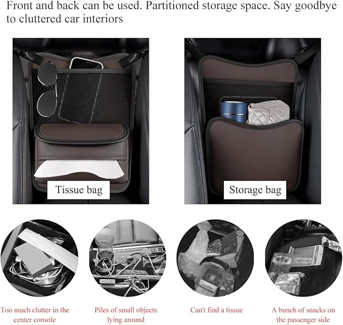 DXNQ Car Organizer Storage Between Seats, Leather Large Capacity Automobile Handbag Hanging Store Content Bag, Auto Console Organizer Holder for Snack Phone Document Storages, Car Accessories (Brown)