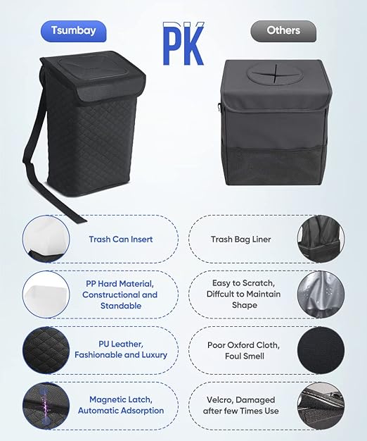 Tsumbay Car Trash Can with Lid, Leather Garbage Can, Leakproof and Removable Interior Liner, Multipurpose Hanging Garbage Bin with Quick Access Magnetic Opening, Trash Bin for Car (2 Gallon/7.5L)