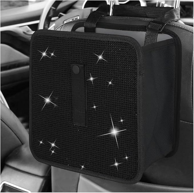 Car Foldable Trash Can, Bling Rhinestone Oxford Garbage Container Hanging Waterproof Organizer, Mini Crystal Dustbin Waste Basket Leakproof Trash Bin for Car Office Kitchen (Black)