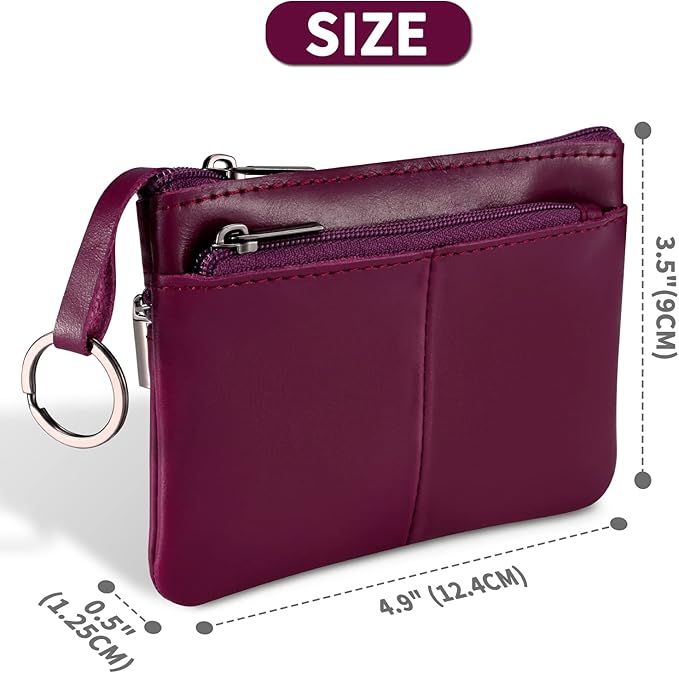Purple Genuine Leather Multi-Functional Wallet - Compact Card Holder, Coin Purse & Key Organizer with 3 Zippers, Built-in Key Ring, Perfect for Travel, Work & Daily Use