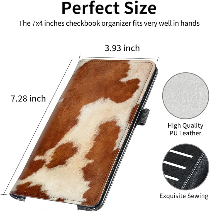 FUYOCWE Checkbook Cover for Men Women Check book Covers Holder for Personal Checkbook Register Duplicate Checks,RFID Blocking Leather Checkbook Wallets w/Elastic Strap-Cow Hide Animal Print Brown