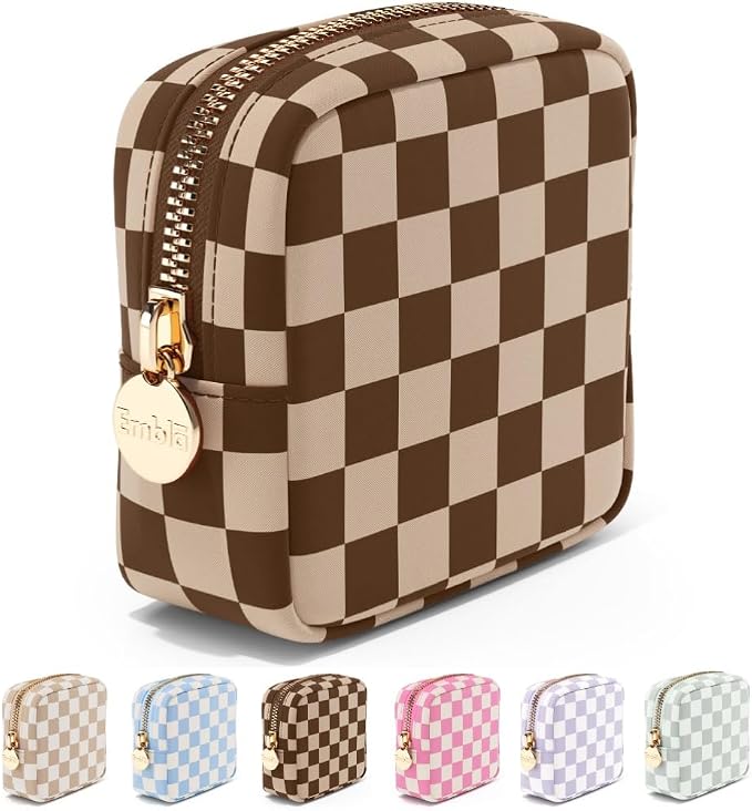 Makeup Bag Travel Cosmetics Pouch and Toiletry Bag, Nylon Zipper Pouch Purse, Cute Make Up Organizer Storage Tote for Women Girls, Travel Skincare Case, Mini Makeup Case, Chocolate Sand Checkered
