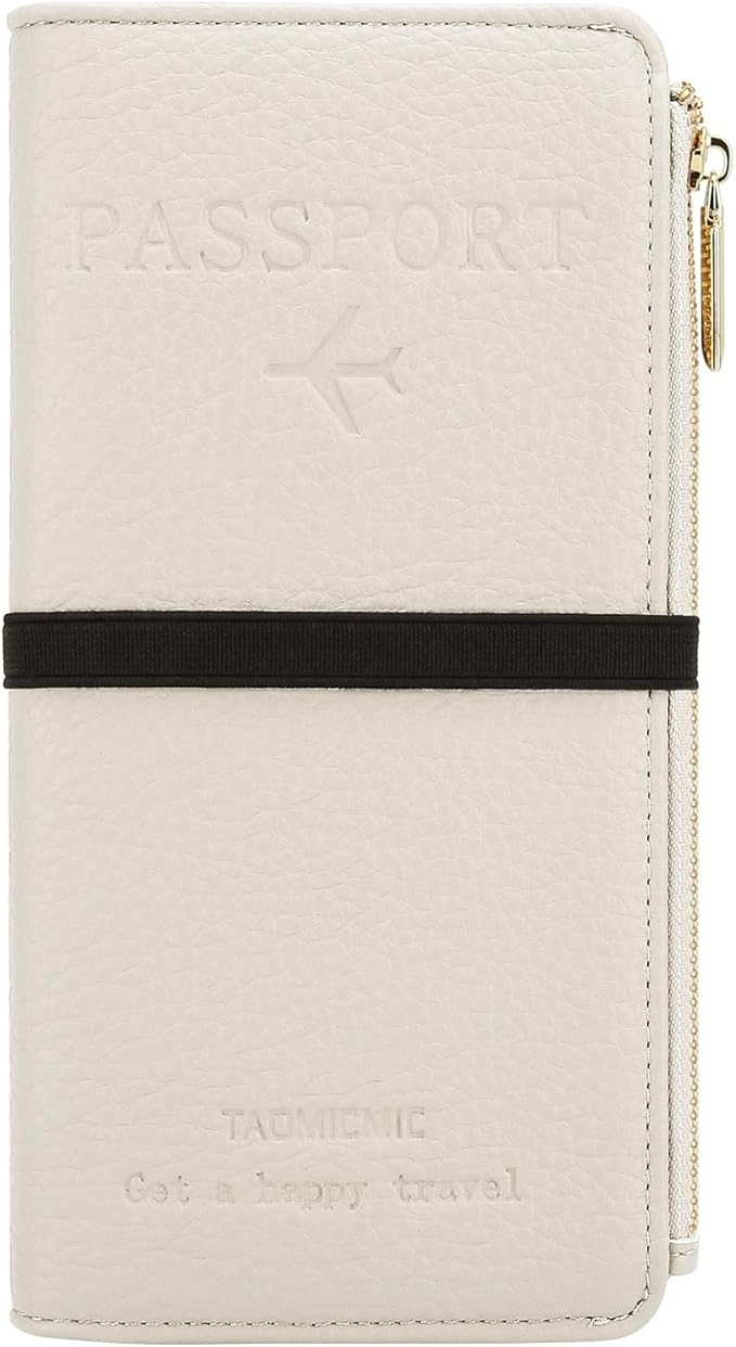 DOB SECHS White Leather Passport Holder, RFID Blocking Passport Wallet Credit Cards Case for Women, Travel Accessories Organizer Pouch Bag with ID Window+Zippered Cash Pocket+SIM Slots