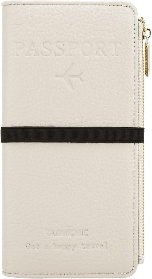 DOB SECHS White Leather Passport Holder, RFID Blocking Passport Wallet Credit Cards Case for Women, Travel Accessories Organizer Pouch Bag with ID Window+Zippered Cash Pocket+SIM Slots