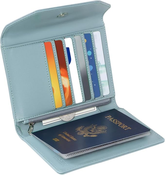 WHHMK Leather Passport Holder for Travel,Rfid Passport Holder Protect Your Card Security,Passport Book Holder for Men Women,Travel Wallet with Cards & Pen Slot,Boarding Pass,Zipper Cash Pocket (Blue)