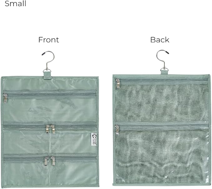 On-The-Go Organizer, 7 Clear Vinyl Pockets, Hanging Travel Case for Makeup and Accessories, 13.5 x 16 inches (Moss, Small)