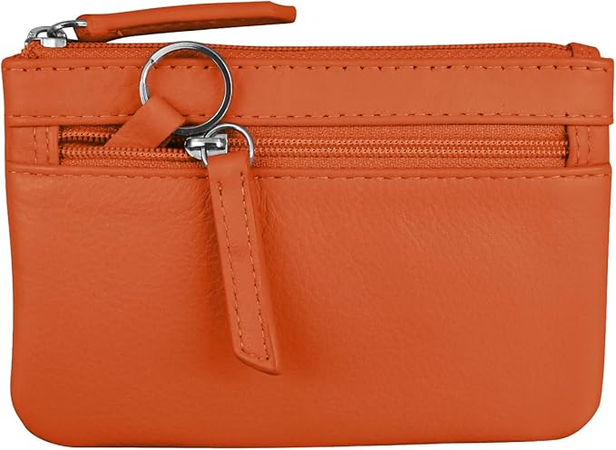 ili New York Mini Leather Coin Purse, Compact Design with Key Ring and RFID Protection for Women and Men in Vibrant Colors, Orange
