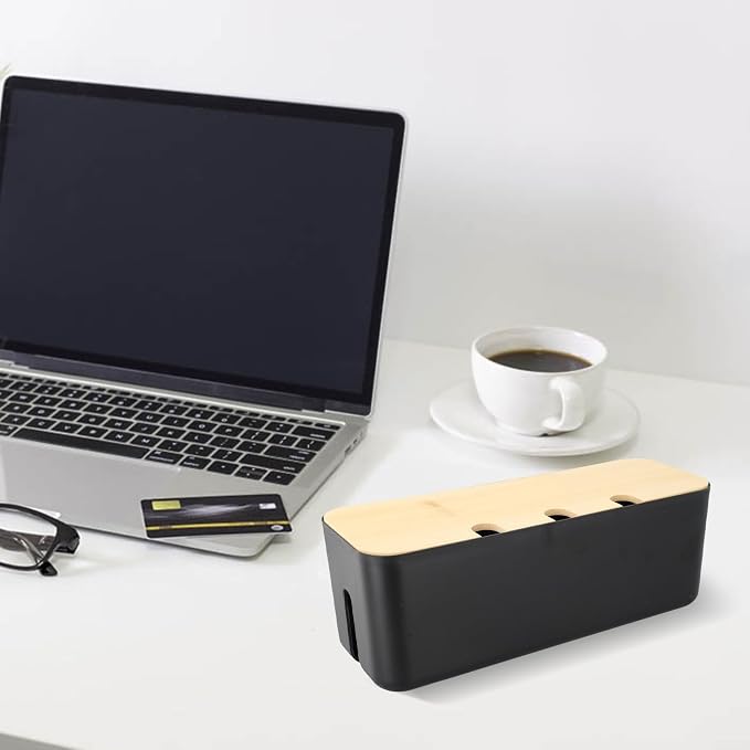 FABULETTA Desktop Cord Organiser Box with Wooden Lid, Cable Management Solution for Power Strip Hider, ABS Plastic Wire Storage Container and Junction Box Cover for Home Office Use(black)