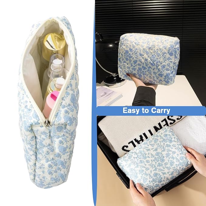 Makeup Bag Travel Large Quilted Toiletry Bag 3 Pack Portable Cosmetic Organizer Pouch with Small Brush Storage Case Zipper Waterproof for Women,Blue Flower