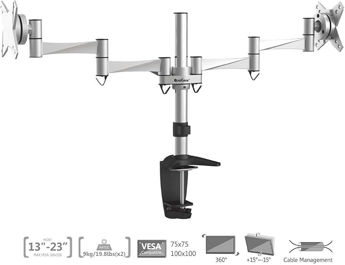 QualGear Qg-Dm-02-016 3 Way Articulating Dual Desk Mount for 13-27 Inches Flatpanel Monitors, Silver